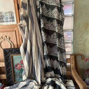 Epice Paris cotton silk shawls blue white strip w fringe or Grey block print